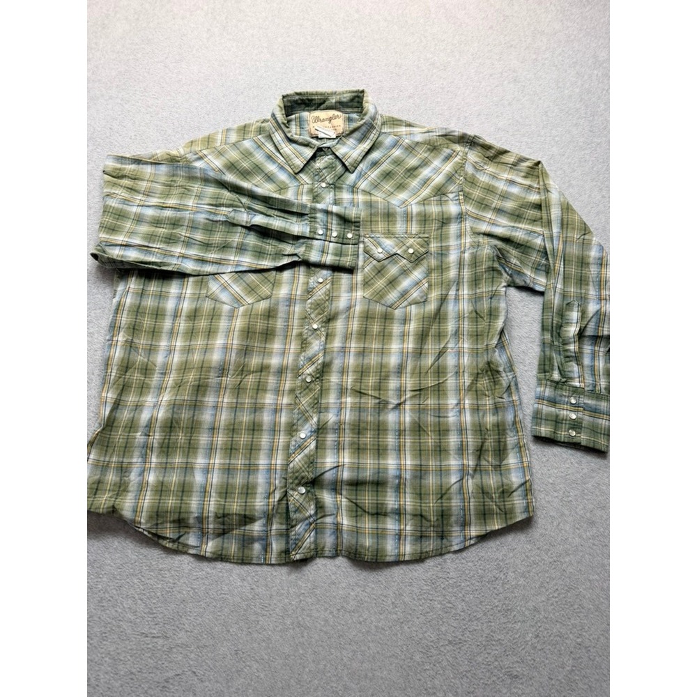 Wrangler Western Fashion Snap Shirt Green Blue Plaid Pearl Snap XXL WM885GN